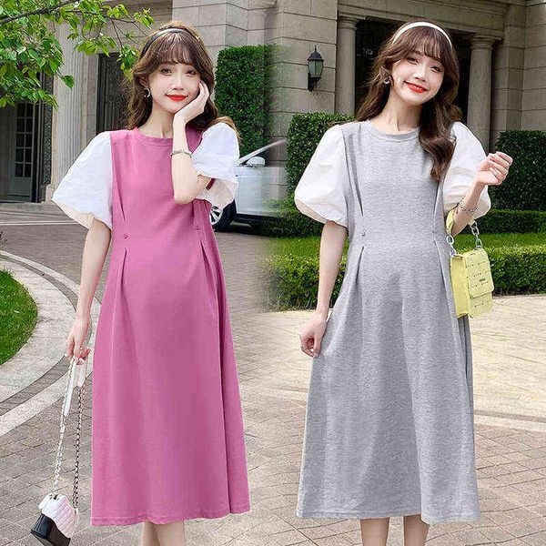 

summer cotton hubblebubble sleeve pregnant women knitted dress j220628, White