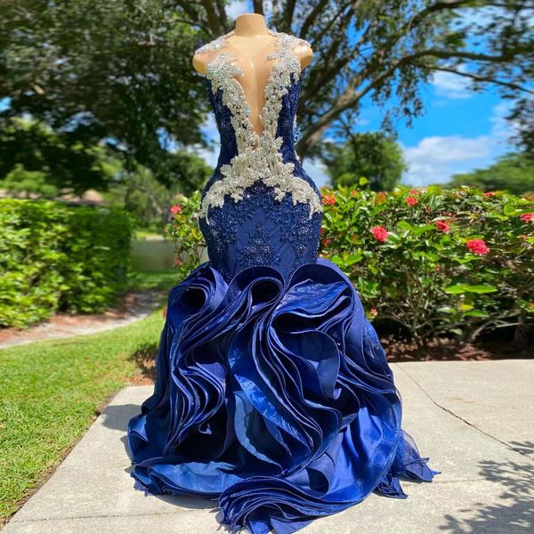 Nuovi abiti da ballo blu royal di lusso per le donne che bordano paillettes fondo gonfio volant vestito da sera del partito della celebrità formato personalizzato abiti da gala