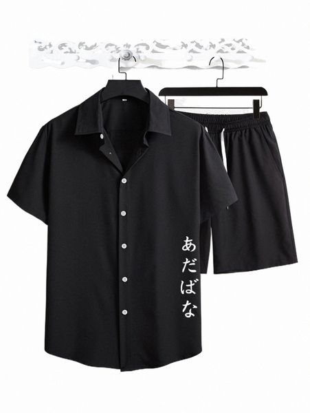 

men japanese letter graphic shirt & drawstring waist shorts i888#, Gray