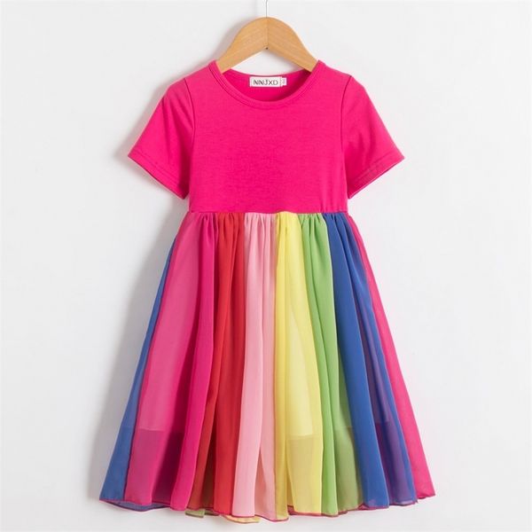 Le ragazze vestono 2022 Summer Fashion Girls Princess Dress Rainbow Color manica corta in cotone patchwork 2-6T Girls Voile Tutu DressesCX220514