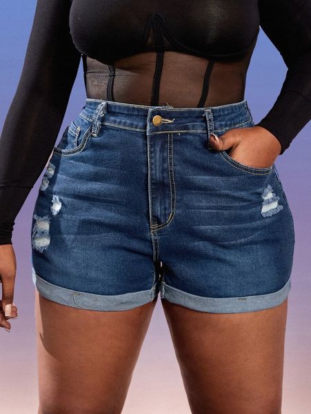 

plus ripped frayed cat whisker roll hem denim shorts j80o#, White;black