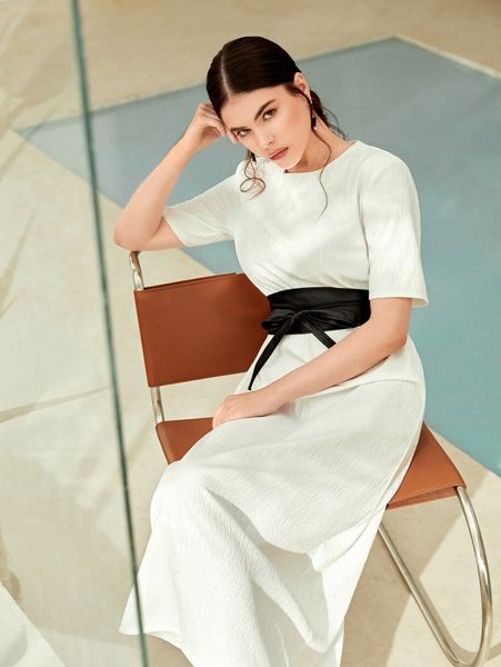 

keyhole back dress with pu belt v12y#, Black;gray