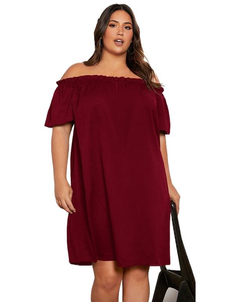

plus off shoulder frill trim tunic dress k91l#, Black