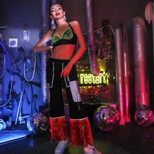 

lumisonata light up chain cargo pants luminous fiber optic dance cool outdoor street men women sports trousers hiking trekking 220608, Black