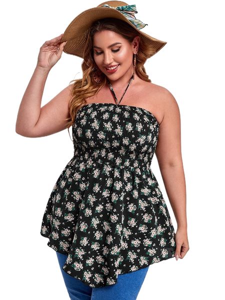 

plus allover floral print shirred peplum halter f0c8#, Black