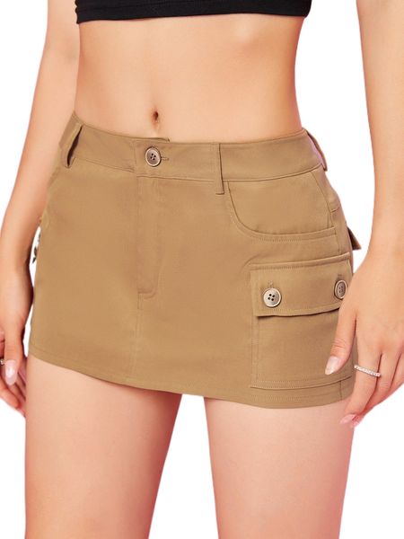 

flap pocket button mini skirt without belt t5ng#, Black