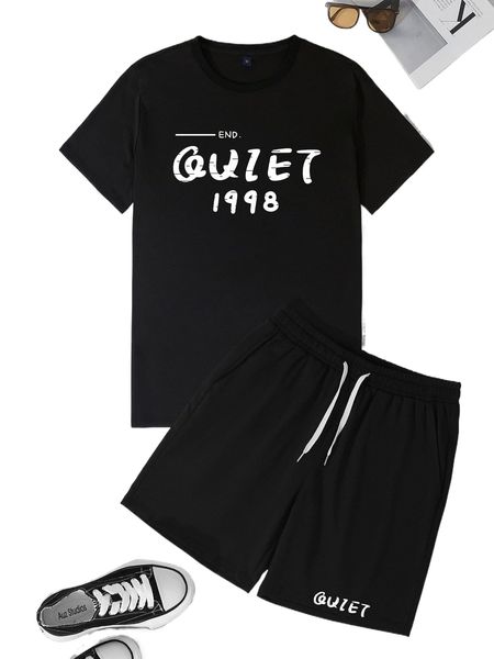 

men letter graphic tee & drawstring shorts s1se#, Gray
