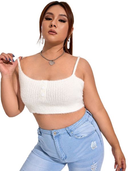 

plus single breasted crop fluffy knit 11qm#, Black