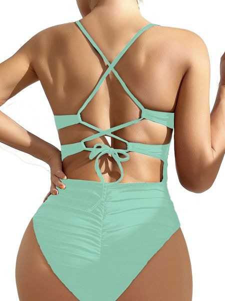 

ruched lace up one piece swimsuit g9ch#, White;black