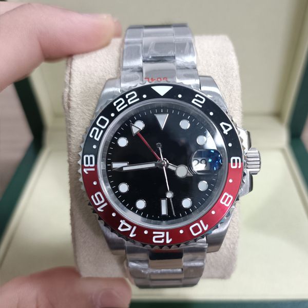 

automatic mechanical mens watch 40mm sapphire surface stainless steel strap men 24-hour scale two-color mixed calendar gmt watches with box, Slivery;brown