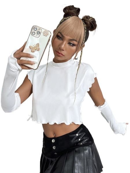 

lettuce trim batwing sleeve knot side crop & arm sleeves r8v7#, White