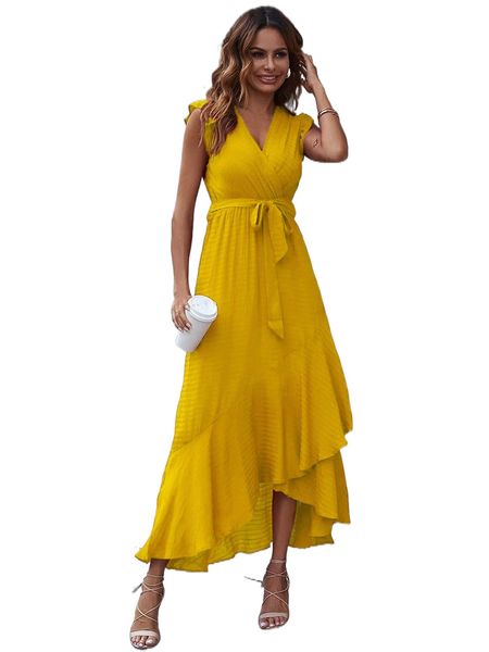 

surplice neck self tie ruffle a-line dress 09km#, Black;gray