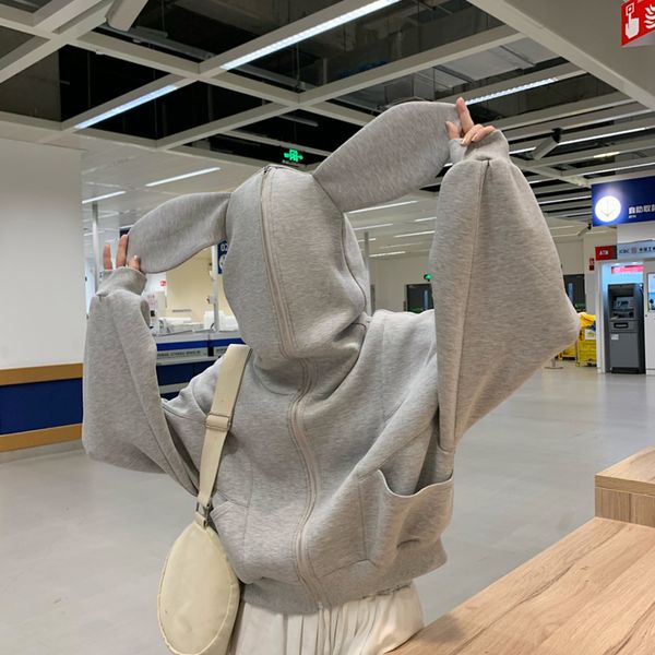 Kadın Ceketleri Houzhou Bunny Hoodie Kawaii Street Giyim Kadın Alt Tavşan Kulakları Giyim Overi L220824