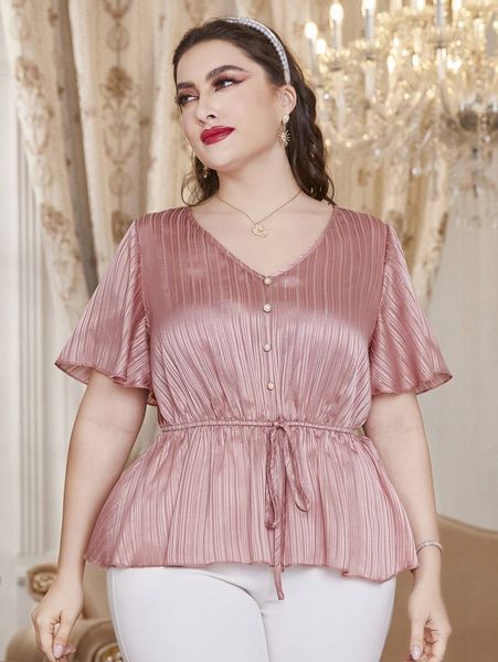 

plus butterfly sleeve knot front peplum blouse n4xv#, Black