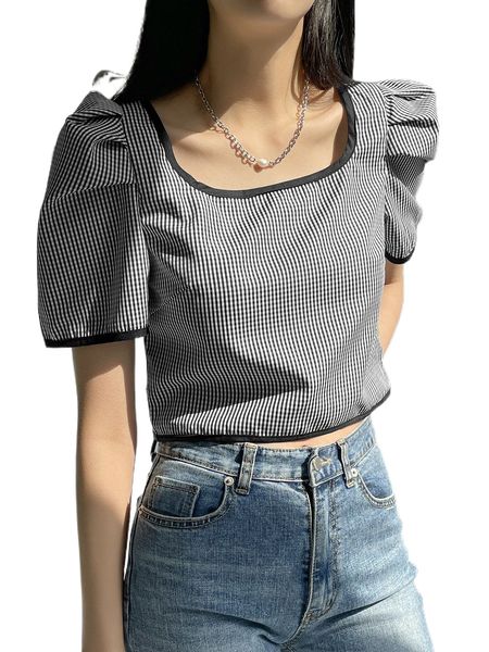 

dazy gingham contrast binding puff sleeve blouse y7mc#, White