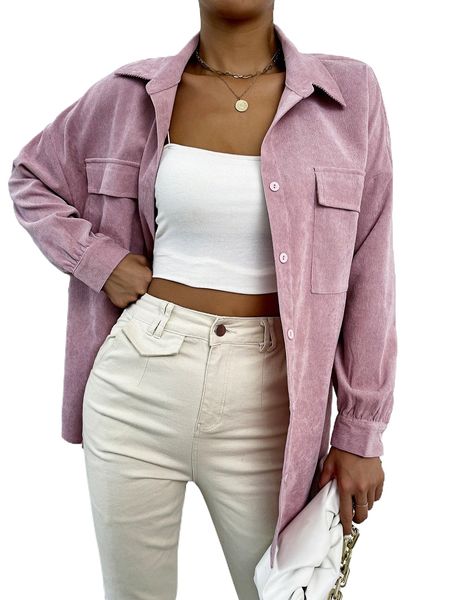 

flap pocket drop shoulder cord blouse t90n#, White