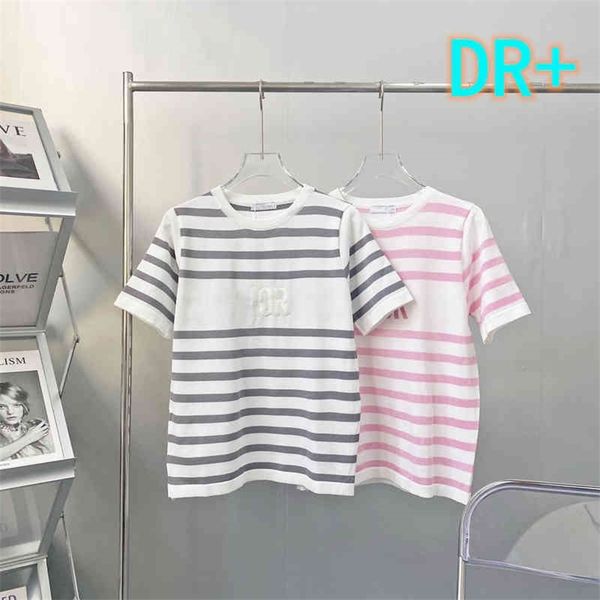 

66% off new d home summer product: stripe stitching letter embroidery round neck short sleeve t-shirt female, White