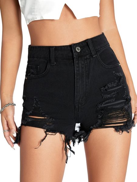 

high waist ripped raw hem denim shorts u7tr#, White;black
