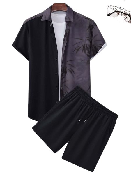 

men random plant print shirt & drawstring waist shorts without tee i2dw#, Gray