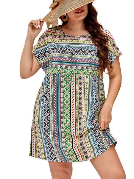 

plus geo print dolman sleeve smock dress a8lx#, Black