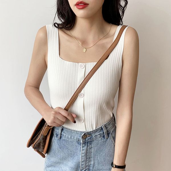 

women's knitted sleeveless tank square neck buttons camis slim summer knitting vest, White