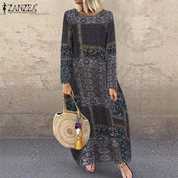 Robe d'été Vintage Imprimé Maxi Robe Femme ZANZEA Casual Tunique À Manches Longues Vestidos Femme O Cou Bagyy Robe Plus La Taille 5XL T200613