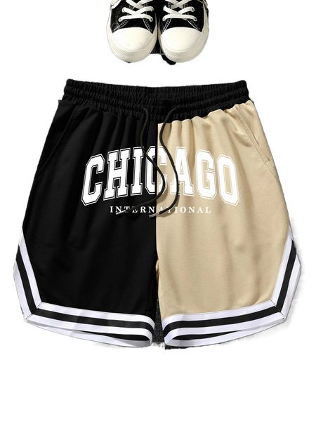 

men colorblock letter graphic drawstring waist shorts h063#, White;black