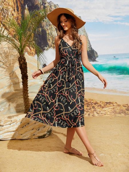 

chain print belted cami dress o6ma#, Black;gray