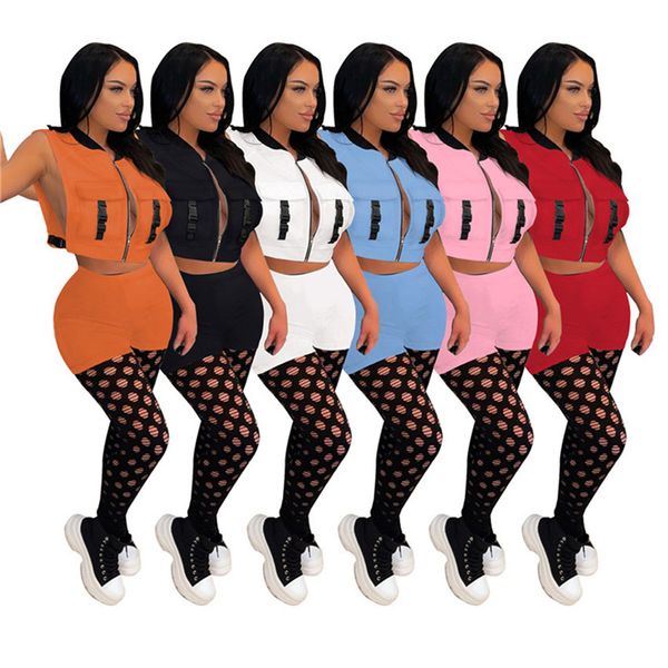 

wholesale women 2 piece sets zipper sleeveless jacket with pockets shorts set summer hollow out suits 7452, Gray