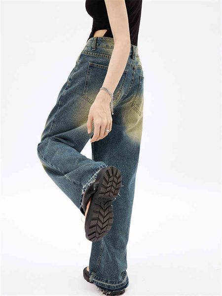 

yellow mud american retro jeans women summer thin straight loose high waist mopping wide-leg neutral pants denim trousers female t220728, Blue