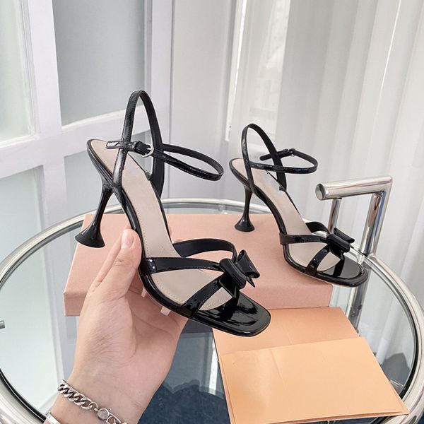 

summer new fashion women sandals hollow bowtie design genuine leather baking lacquer heel beautiful appearance comfortable foot feeling, Black