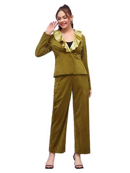 

x creative calm contrast ruffle collar cord blazer & pants set 828o#, White