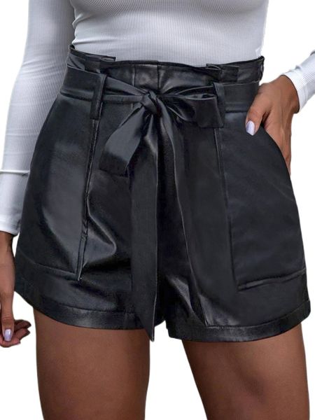 

paperbag waist belted slant pocket pu leather shorts x6mc#, White;black