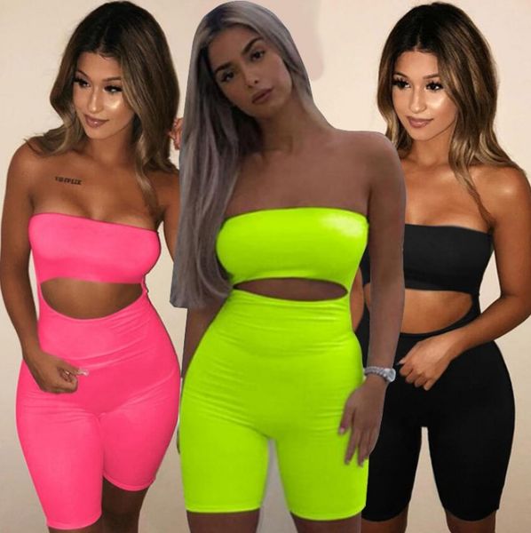 

women macheda fitness solid 2 pcs set cropped tube and high waist skinny shorts 2 pieces set fashion casual sports set aa, Gray