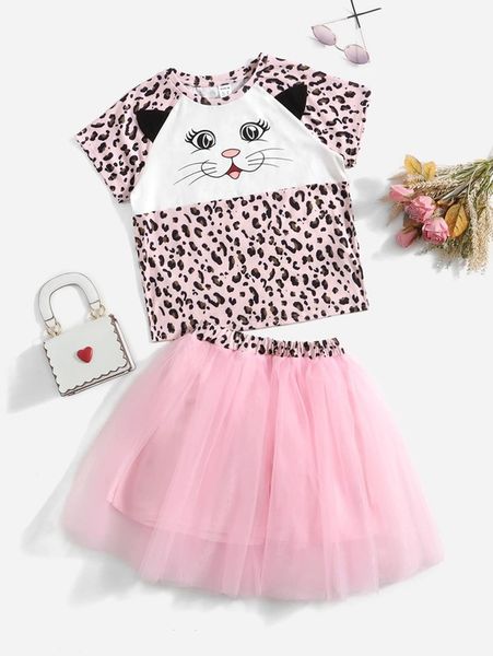

girls cartoon print tee & mesh skirt set she, White