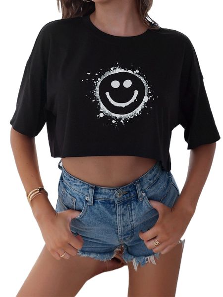 

expression print drop shoulder crop tee b46w#, White