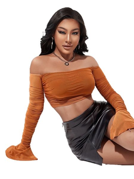

off shoulder flounce sleeve ruched crop l0vc#, White