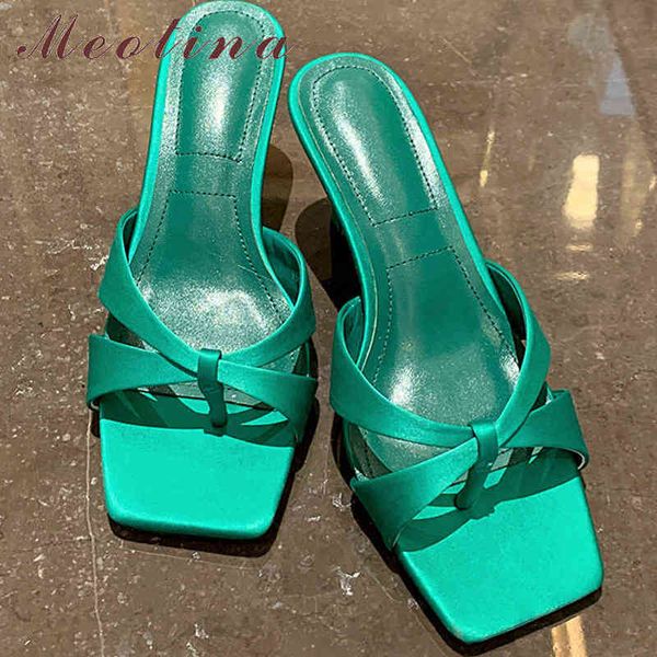 

meotina shoes women genuine leather sandals thick heel square toe slippers high heels ladies footwear summer green champagne 42 y220601, Black