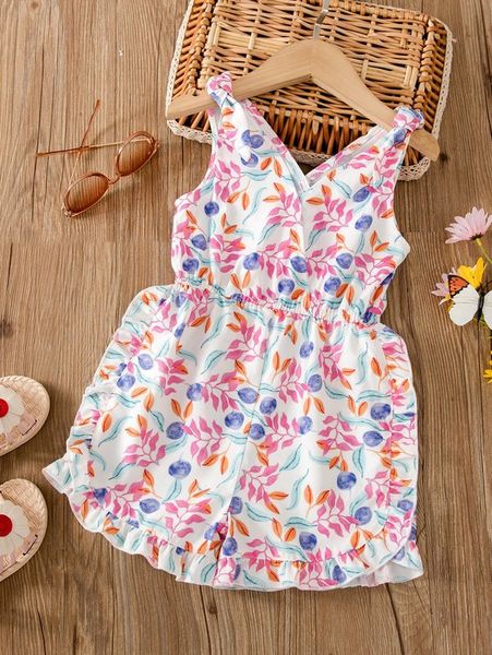 

toddler girls floral print frill trim tank romper she, Blue