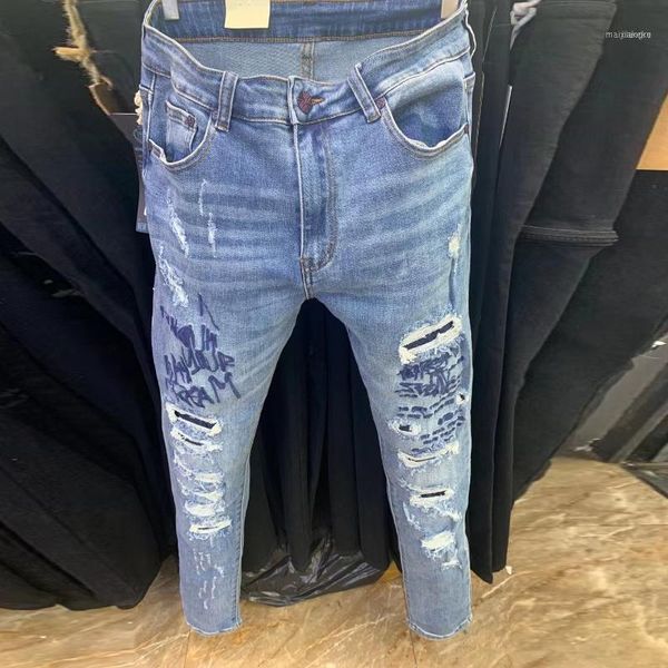 

men's jeans men fashion brand slim hole ruffian denim pant autumn ins korean version letter embroidery straight leg pants ripped tight, Blue