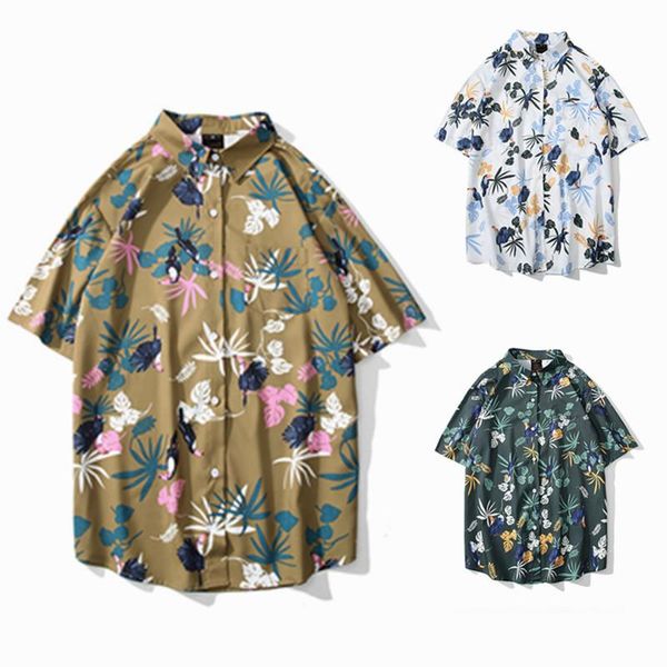 Camisas casuais masculinas de verão férias de praia de praia camisa de manga curta juvenil havaiana retro impressão floral solta top diariamente com p