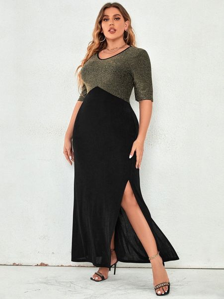 

plus colorblock slit thigh dress j1dr#, Black