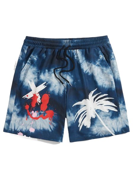 

men tie dye splatter & tropical print drawstring waist shorts 73wq#, White;black