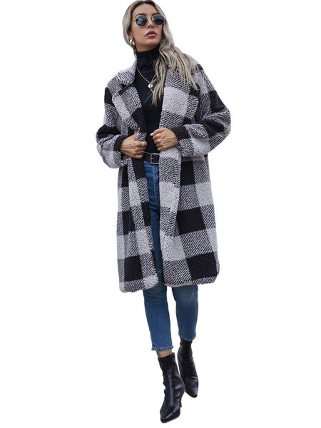 

open front gingham teddy coat a48d#, Black