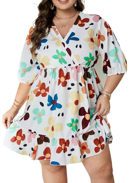 

plus floral print bishop sleeve ruffle hem dress x5qg#, Black