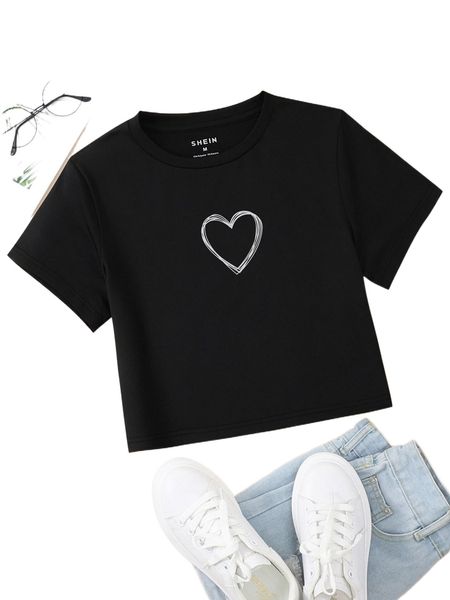 

heart print round neck crop tee h7nj#, White