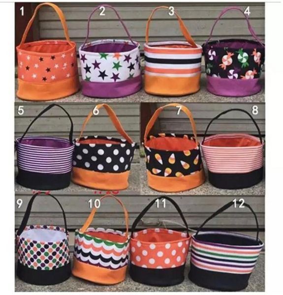 Cadılar Bayramı Kova Sepeti Favolar Polka Nokta Bat Stripted Polyester Candy Collection Çantası Cadılar Bayramı Hile veya Tedavi Kabak Çantaları 12 Tasarımlar FY3803 F0730X13