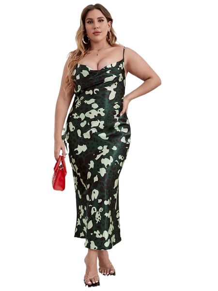 

x sylvia mollie plus allover print backless satin cami dress k2vf#, Black