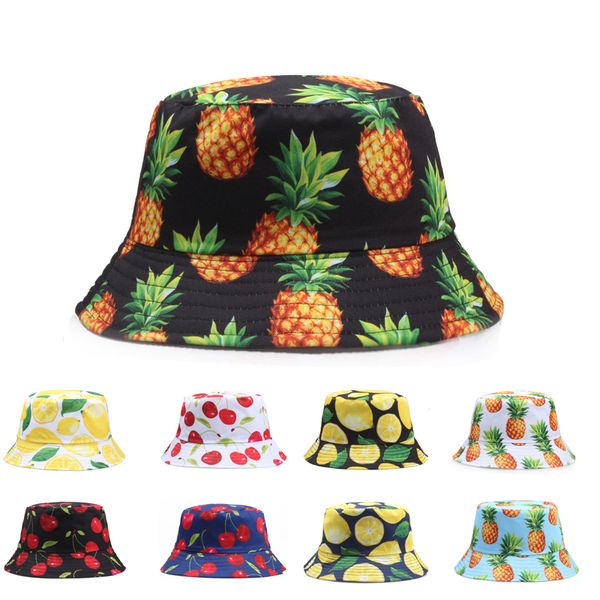 Ananas Baskılı Çift Taraflı Kova Şapkaları Kadınlar İçin Erkekler Limon Kiraz Meyve Yaz Panama Kapağı Güneş Balıkçılık Bob Balıkçı Şapka Kemik 220513