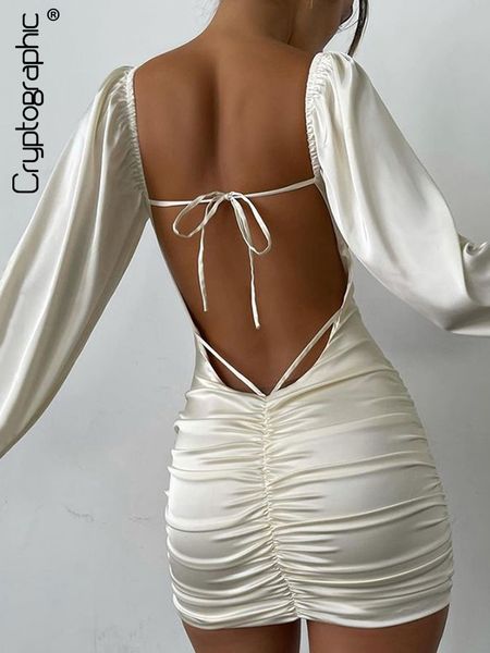 

Elegant Sexy Backless Banage Mini Dress for Women Fashion Outfits Club Party Ruched Lantern Sleeve Dresses Clothes, Black